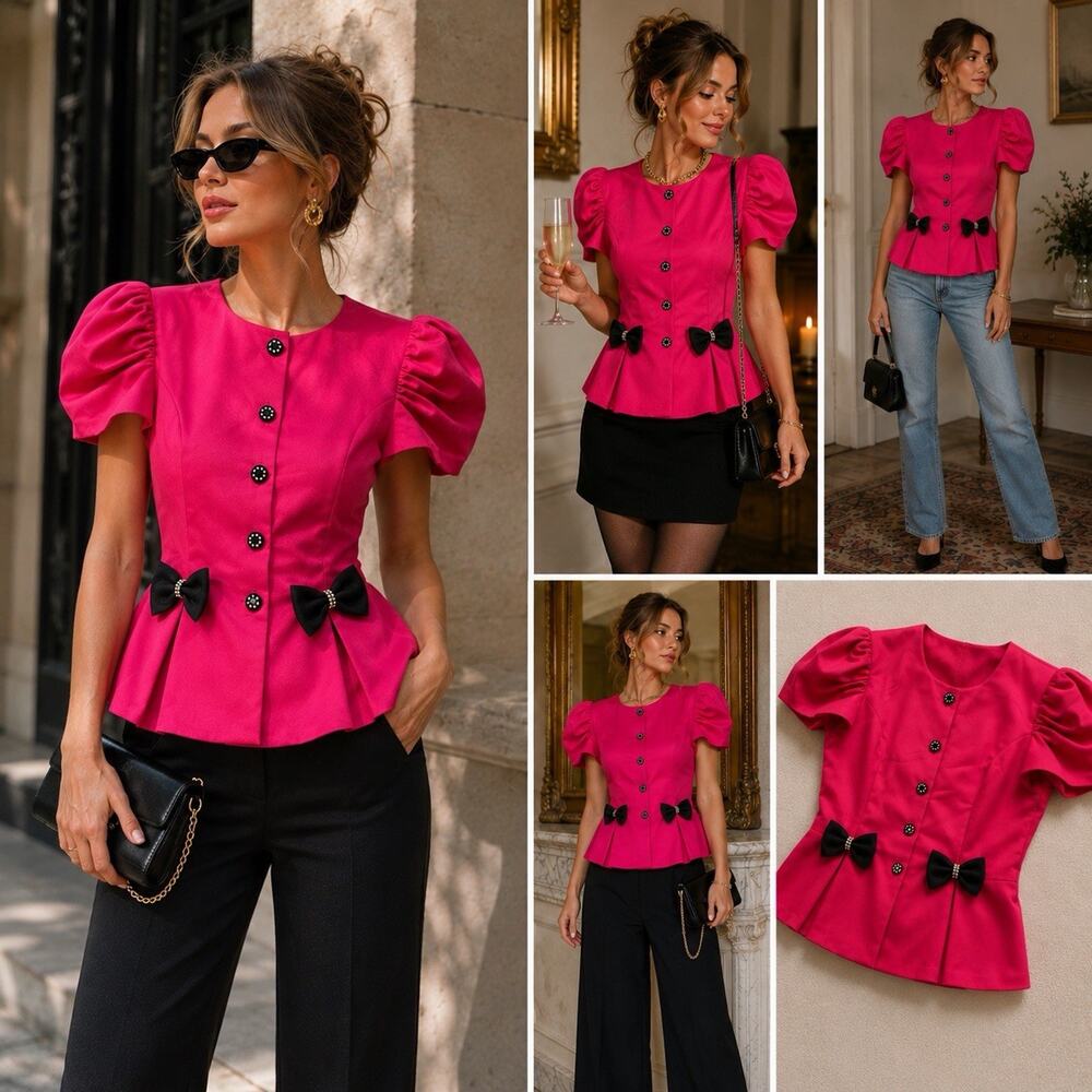 Vintage 80s Leslie Fay Evenings Hot Pink Peplum Blouse Coquette Bow Rhinestone 8